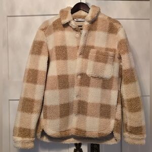 Zara Woman's Teddy Coat sz S M Cream Plaid Tan Sherpa Jacket Shearling Fur Cozy